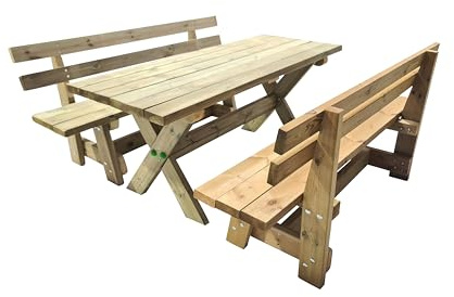MASGAMES | XERTA Holztisch mit Bänken mit Rückenlehne VIC | Behandeltes Holz für den Außenbereich Autoklav Stufe IV | 180 cm lang | Kiefer |