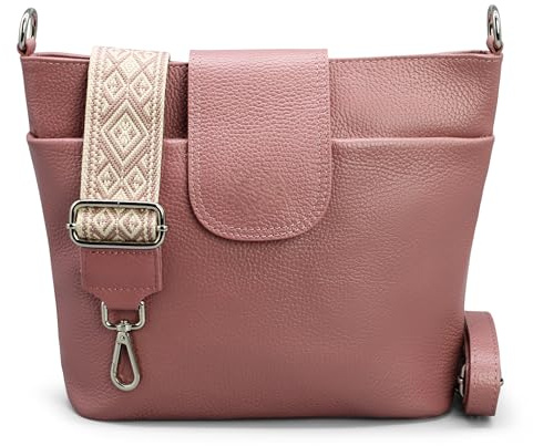 Brise Art Umhängetasche Damen Echtes Leder ELLIE Handgemachte Crossbody Bag mit Ledergurt + Optionalen Breiten Gemusterten Riemen 6 Fächer Wasserdichte Schultertasche Made in Italy (Altrosa - 2)