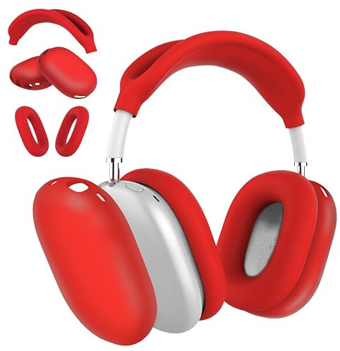 MyGadget Zubehör Set kompatibel mit Apple Airpods Max [3 in 1] - 1x Kopfband Abdeckung | 2X Ohrpolster jeweils für Innen & Außen - Silikon Hüllen in Rot