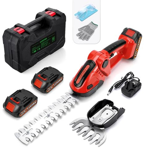 LUXBIRD Cordless Hedge Trimmer 21V Electric Shrub Trimmer Grass Shears Handheld Grass Cutter, Hedge Shear with suitcase, with 2 PCS Rechargeable Battery and Charger for Garden, Lawn