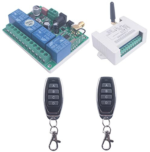 DC Wireless Control Relay Switch 12V, 24V, 36V - 4CH 433MHz Remote Control (2 Transmitters & Receiver) - Universal Relay for Garage Doors, Windows & Motors