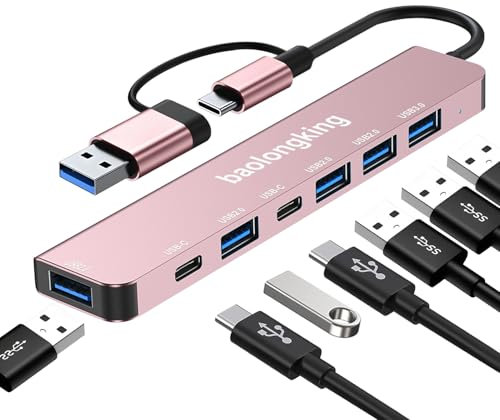 Adattatore HUB 7 in 1, hub USB C con 2 porte dati USB-C, USB3.0 e 4USB2.0, adattatore multiporta USB C portatile, per tablet, laptop, PS5/PS4, interruttore, stampante, ventola USB, flash drive (7 in 1