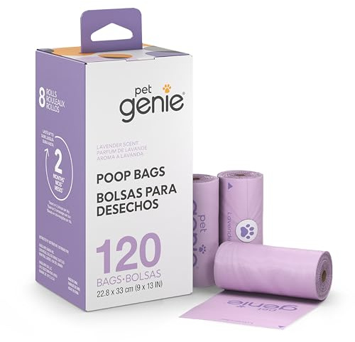 Pet Genie, Dog Poop Bags Rolls Scented, Extra Strong & Leak-Proof for Dogs, Lavender Scented, Easy Tear Pet Waste Bags, Made from 65% Recycled Plastic, 8 Rolls (120 Count)
