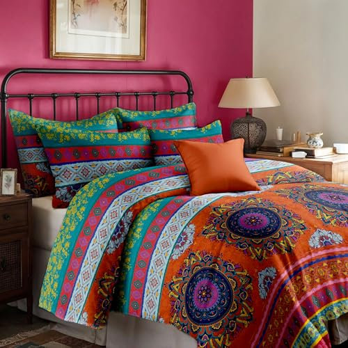 Dreamzie Bohemian Bettwäsche 240x220 cm 3 Teilig Rosa Orange Boho Indischen Mandala Böhmisch Bettwäsche Set mit Reißverschluss Vintage Bettbezug und 2 Kissenbezug 80x80