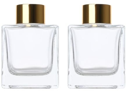 2 botellas difusoras vacías de vidrio cuadrado transparente rellenable de 50 ml con tapa dorada, difusor de fragancia para habitación, tarros decorativos de aceites esenciales para decoración del
