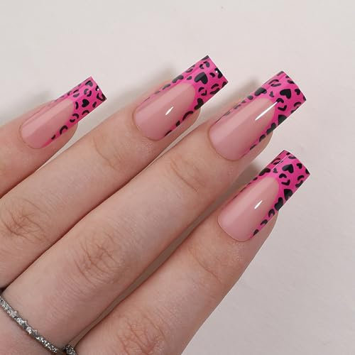 32 pcs Press on Nails - Long Coffin Fake Nails with Glue - 16 Sizes French Tip False Nails - Pink Leopard Print Designs Stick on Nails - Ballerina Full Cover Acrylic Glue on Nails for Women Girls