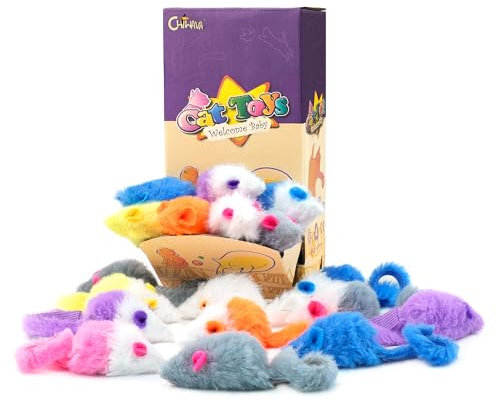 CHIWAVA 36PCS 1.8 Candy Color Furry Mice Cat Toy Rattle Mouse Kitten Interactive Toy Assorted Color