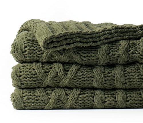 Battilo Olive Green Knit Throw Blanket for Couch, Woven Chenille Throw Blankets for Living Room, Sofa, Soft Chunky Knit Blanket, Decorative Couch Blanket, 130x170cm