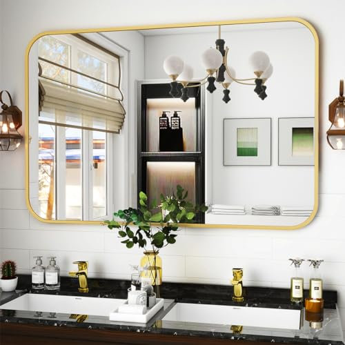 Koonmi Wandspiegel Gold, 90x120 cm Badezimmerspiegel mit runder Ecke, Morden Spiegel Wand mit Rahmen aus Aluminiumlegierung für Wand montiert horizontal oder vertikal, Gold