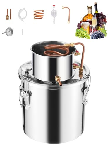 VEVOR Destilador de Alcohol, de Acero Inoxidable de 19 L, con Bobina de Cobre, Kit de Fermentación y Refinación para Elaboración de Cerveza Casera con Termómetro, para Vino, Whisky, Brandy, Plata