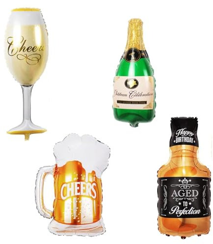 4 Pcs Champagne Balloon Wine Bottle Aluminum Foil Balloons Champagne Beer Whiskey Bottle Balloons for Birthday Wedding Graduation Party Decorations Supplies