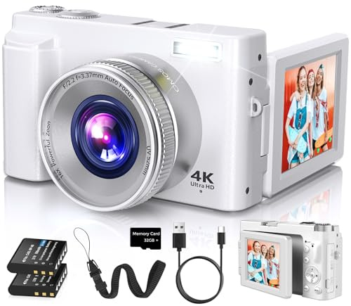 Fotocamera digitale 4K per autofocus fotografico, 2024, fotocamera Vlogging da 48 MP per YouTube con scheda SD, 2 batterie, 3 pollici, schermo flip a 180°, fotocamera da viaggio compatta per