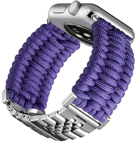 BINLUN Compatibile con Apple Watch Cinturino 42mm 41mm 40mm 38mm Cinturini Sportivo Intrecciato 550 Paracord Acciaio Compatibile con iWatch Serie 10/9/8/7/SE2/SE/6/5/4/3/2/1(Viola Argento)