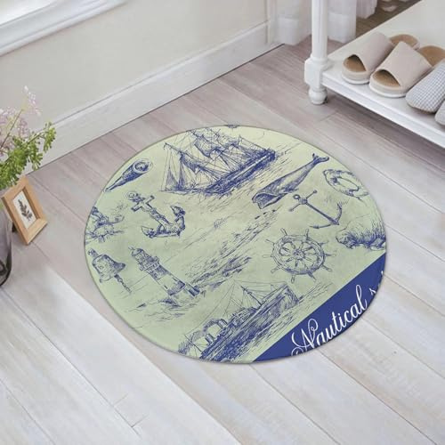 FSDGY Badvorleger Fußmatte Flauschig Teppich Badezimmerteppich Duschmatte für Bade & Wohnzimmer Schlafzimmer,Seeanker, Wal-Segelboot-Lenkrad und Skizze zum Thema Alter Leuchtturm-Fischer, b,60x60 cm