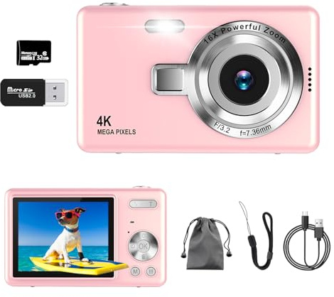 Digitalkamera, UHD 4K 50MP Kamera Fotoappara mit 32GB SD-Karte, 16X Digitalzoom, Wiederaufladbarer Akku, Tragbare Vlog Kamera für Kinder Teenager Student Anfänger