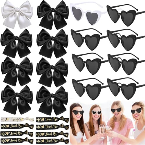 Joycabin 24 Stück JGA Accessoires Frauen, 8 jga Herzförmige Brille+8 Team Braut Haarschleife+8 Braut Armband, jga Partybrillen JGA Deko Accessoires für Hochzeit Junggesellenabschied (Schwarz)