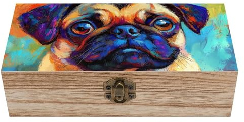 asbwuo Mops-Hund, bunte dekorative Holzboxen mit Klappdeckel, Andenken-Schatzkiste, Schmuck-Bastel-Organizer