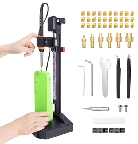 Mintion Presse à chaud professionnel Nutopress Pro, Heat Set Insert Tool verticale, avec fer à souder, pointes de thermodurcissabilité M2-M8, 30 inserts filetés en laiton M3 pour pièces imprimées 3D