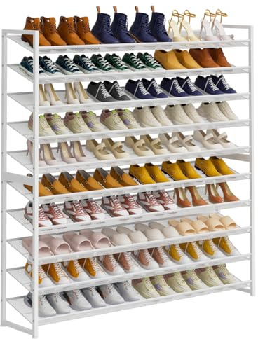 NEYCIL 10-stufiger Schuhorganizer, Schwerlast-Metall 5-stufig stapelbares Schuhaufbewahrungs-Vertikalregal für Kleiderschrank, Haustür, Eingang, bis zu 62 Paar, 44,8 B x 11,4 T x 71,2 H,Weiß