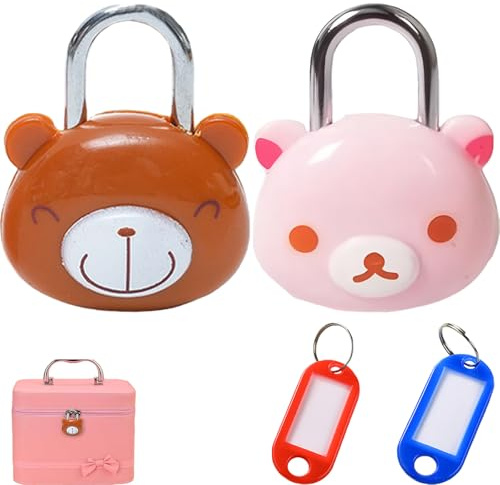 ZenyTra Lot de 2 cadenas en forme d'ours - 51 mm - Cadenas mignons de dessin animé - Avec 4 clés et 2 porte-clés - Marron et rose - Pour valise, sac à dos, journal, casier et casier