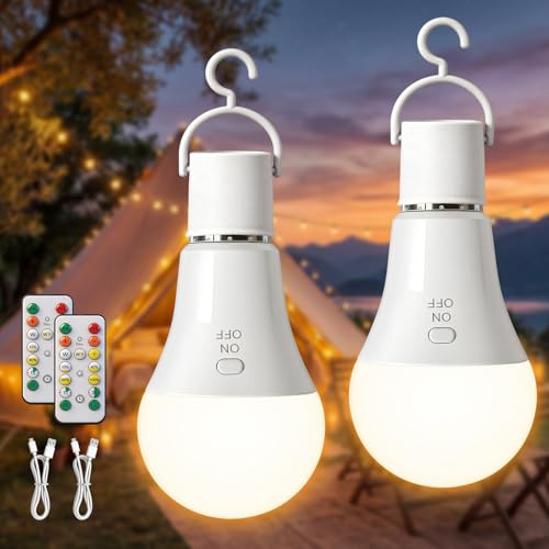 TaoFiaCo E27 7 W Wiederaufladbare Glühbirne mit Batterie, 3 Farben, 2 Stück | Aufladbare Glühbirne mit Fernbedienung, Camping Lampe, USB, Dimmbare, Batteriebetrieben, Tastensteuerung Outdoor Notlicht