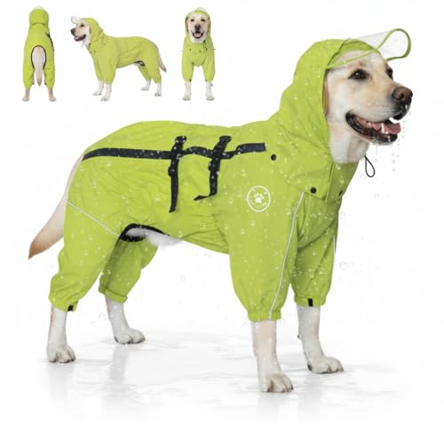 Wasserdichter Hunderegenmantel Leichter hundepullover mit integrierten beinabschlüssen und Abnehmbarer Kapuze, wasserdichter Regenmantel für mittel große Hunde Windjacke (Gelb, 4XL+)