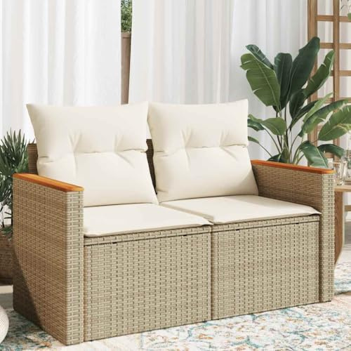 Ziaphsol 2-Sitzer Gartensofa mit Kissen, Beige Poly Rattan, Stauraum, wasserfester Beutel, UV-beständig, modulares Design, langlebige Outdoor Möbel für Terrasse