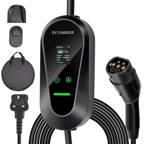 GROWNEER EV Charger 3 Pin Plug 32.81Ft/10M Type 2 Charging Cable 3kW, [6/8/10/13A] Electric Car granny Charger IP66 Advanced Protection car charging cable Suitable for EVs & PHEVs