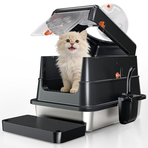 Fusblom Stainless Steel Cat Litter Tray, Enclosed Cat Litter Box with Lid, High Sided Metal Litter Pan, Leak-Proof, Odor-Free&Non-Stick, Easy to Clean, Included Scoop & Pedal- Black, Small