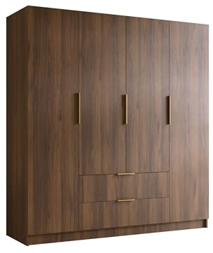 Mirjan24 Kleiderschrank Sozor I 200, Schrank, Garderobe, Organizer, 4-türig, 2 Schubladen für mehr Stauraum, Aluminiumgriffe, gedämpftem Schließsystem (Nuss Warmia + Gold)