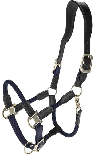 Covalliero - Halfter Cordano Deluxe FS26 – Robustes Halfter für Pferde – optimale Passform – Pferdehalfter mit Karabinerhaken & Leder-Genickriemen – Dunkelblau (Dark Navy) – Pony