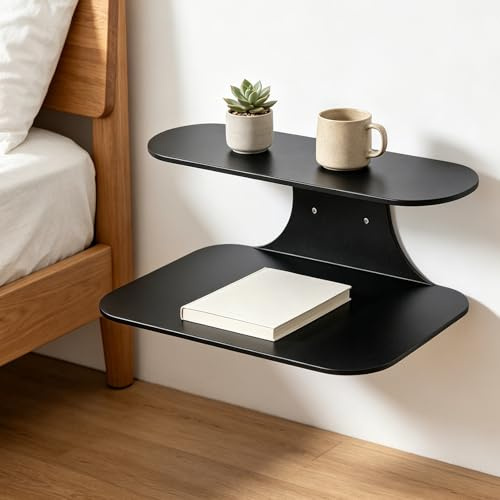 2 Stück Schwebender Nachttisch Hängend, 39x19cm Wandregal | Nachttisch Schmal mit 2 Ebenen, Moderner, Schwarz Metall, Kratz, Stoß & Schlagfest, Als Hängend, Schminktisch oder Sideboard