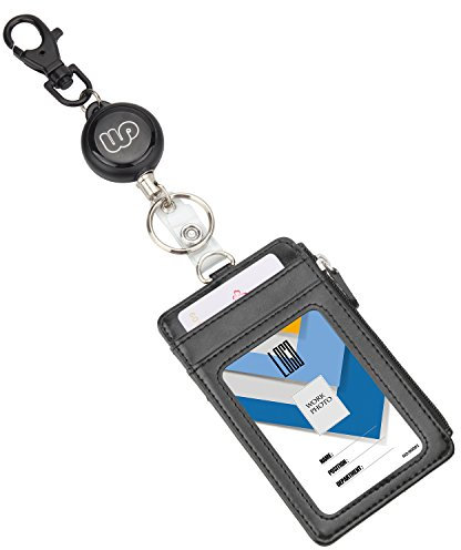 Wisdompro Porte-badge double-face muni d’une fermeture éclair avec enrouleur rétractable robuste et porte-clés, similicuir