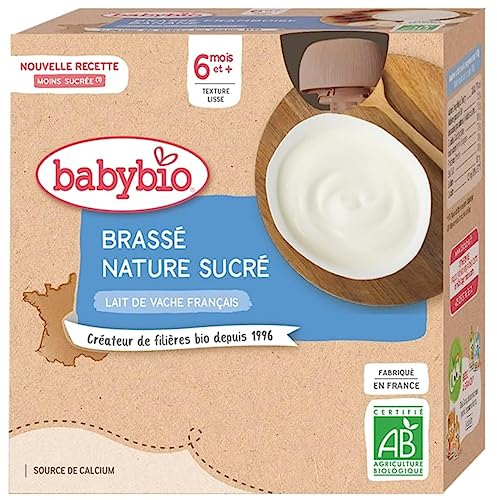 Babybio - Lait de vache français - Gourdes Brassé Nature Sucré 4x85 g - 6+ Mois - BIO