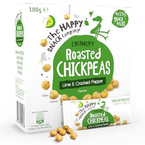 The Happy Snack Company Roasted Chickpeas, Lime & Cracked Pepper Flavour Healthy Snacks, Plant Protein, Gluten Free Tasty Snacks, Vegan, 110 Calories, 25g Portion, Pack of 20