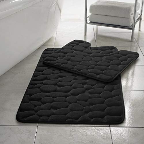 Exquizit Home Tapis de bain et Tapis de contour WC en mousse à mémoire de forme - Motifs galets, souples et antidérapants (2 pièces) - Noir