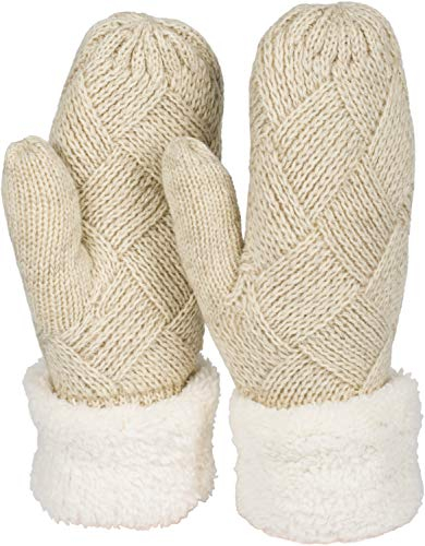 styleBREAKER Damen warme Winter Strick Fäustlinge, Handschuhe mit Rauten Muster, Thermo Fleece, Strickhandschuhe 09010031, Farbe:Beige