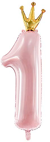 Palloncino numero 1 in rosa chiaro con corona, 30 x 100 cm, accessorio per feste
