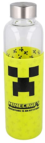 Stor Bottiglia Borraccia In Vetro Per Acqua | Vetro Borosilicato |Custodia In Silicone | 585 ml | Minecraft