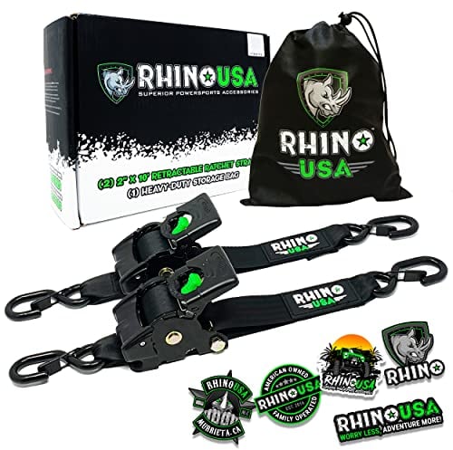 Cinghie di ancoraggio a cricchetto retrattili - Resistenza massima alla rottura 1360 kg, include (2) cinghie di ancoraggio retrattili automatiche da 5 cm x 3 m con manici imbottiti - Nero