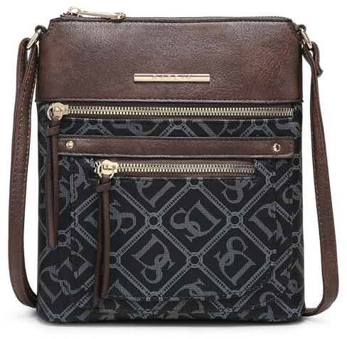Dasein Umhängetasche für Damen, veganes Leder, Umhängetasche, Kuriertasche mit mehreren Reißverschlusstaschen, 0ds Monogramm schwarz