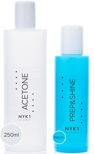 NYK1 Acetone 250ML Pack with Prep And Shine 100ML and Uv/Led Gel Nail Sanitising Cleanser and Sticky Gel Residue Remover Super Concentrate For Nailac, Shellac, UV Gel, Acrylic Nails Nail Treatments