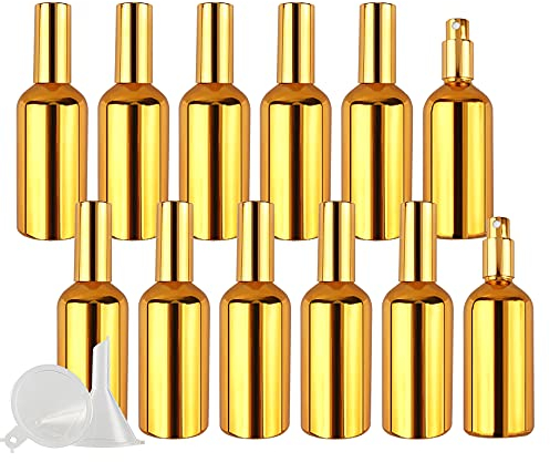 ZEOABSY 12 Piezas 100ml Botella de Oro UV-Revestido Spray de Vidrio, Botella de Spray de Perfume de 100 ml para Viajes y Uso doméstico + 2 x Embudo