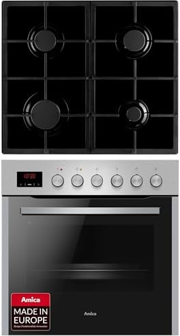 Amica Einbauherd Set 60 cm 65 L Gaskochfeld Edelstahl EHEG 934 112 E | 4 Gaskochzonen, Gusseisen-Topfträger, SoftClose, SteamClean, SensorControl Timer, 1-fach Auszug, Heißluft