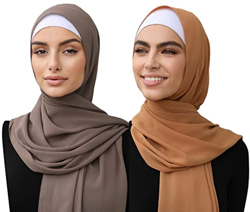 2-teiliges Set für Damen, Chiffon-Schals, weich, leicht, knisternde Hijab, langer Schal, Wickelschals, Muslimischer Schal, Khaki, dunkles Camel (2 Stück)