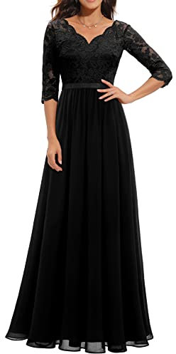 Daisyaner Damen Elegant Maxi Lang Abendkleid mit floraler Spitze V-Ausschnitt Brautjungfernkleider Ballkleid Bodenlang Cocktailkleid Hochzeit Abschlusskleid Schwarz XL