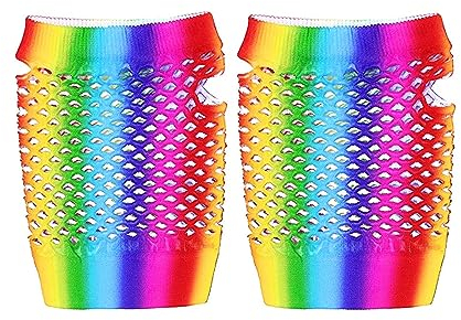 TACKTIMES Damen Fingerlose Handschuhe Armstulpen Regenbogen Bunt Farbe Netzhandschuhe Party Fasching Karneval 80er Jahre Zubehör Kostüme (Einheitsgröße, Bunt kurz)