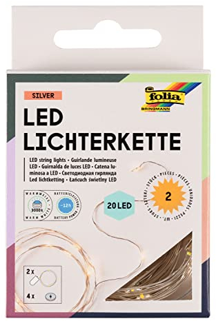 folia 986 - 2x Micro-LED Lichterkette mit je 20 LEDs in Warmweiß, ca. 2,20 m lange LED Beleuchtung aus Silberdraht, inkl. 4 Batterien