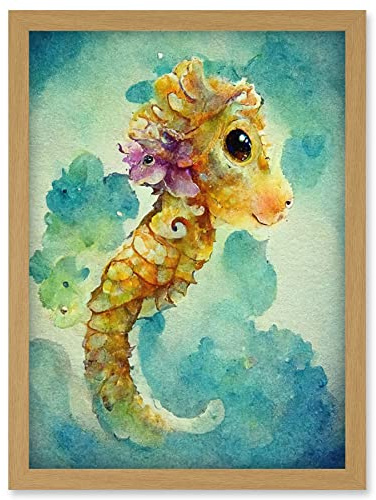 Doppelganger33 LTD Cute Baby Seahorse Kids Bedroom Watercolour Illustration Artwork Framed Wall Art Print A4