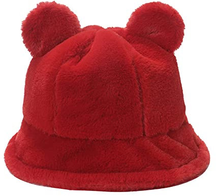 GIVBRO Winter Bucket Hat Bär Ohr Fischerhut Kunstfell Warme Kappe Plüsch Sonnenhut für Männer Frauen Rotwein